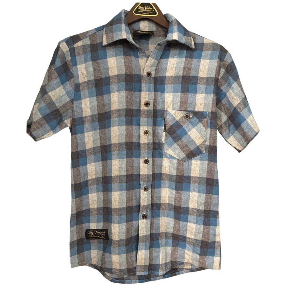 Vermont Flannel Co Mens Small Blue Plaid Short Sleeve Button Down Shirt USA Made